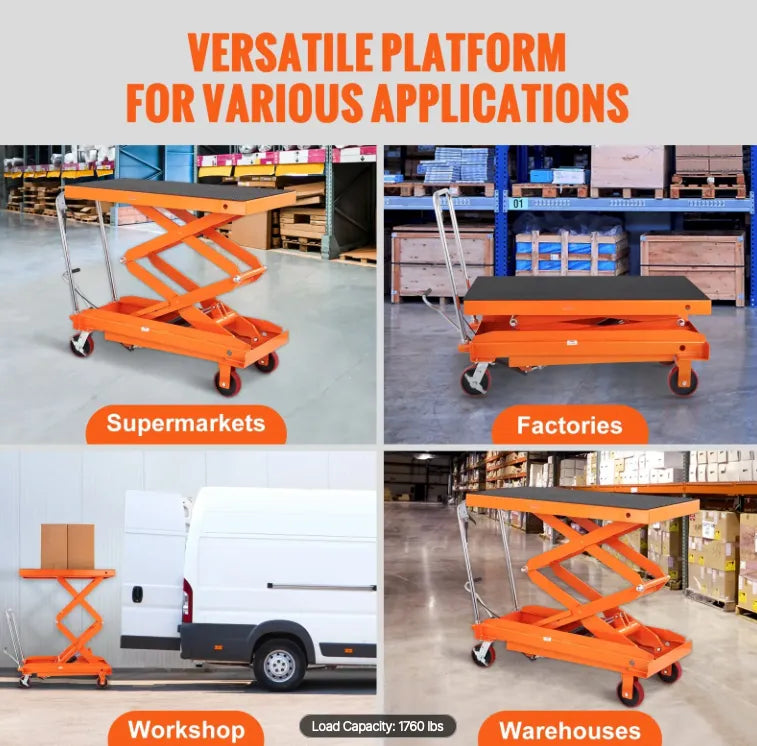 Industrial hydraulic platform cart raising equipment to ergonomic working height.
