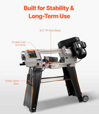 side view of industrial horizontal band saw used in machine shops and fabrication facilities