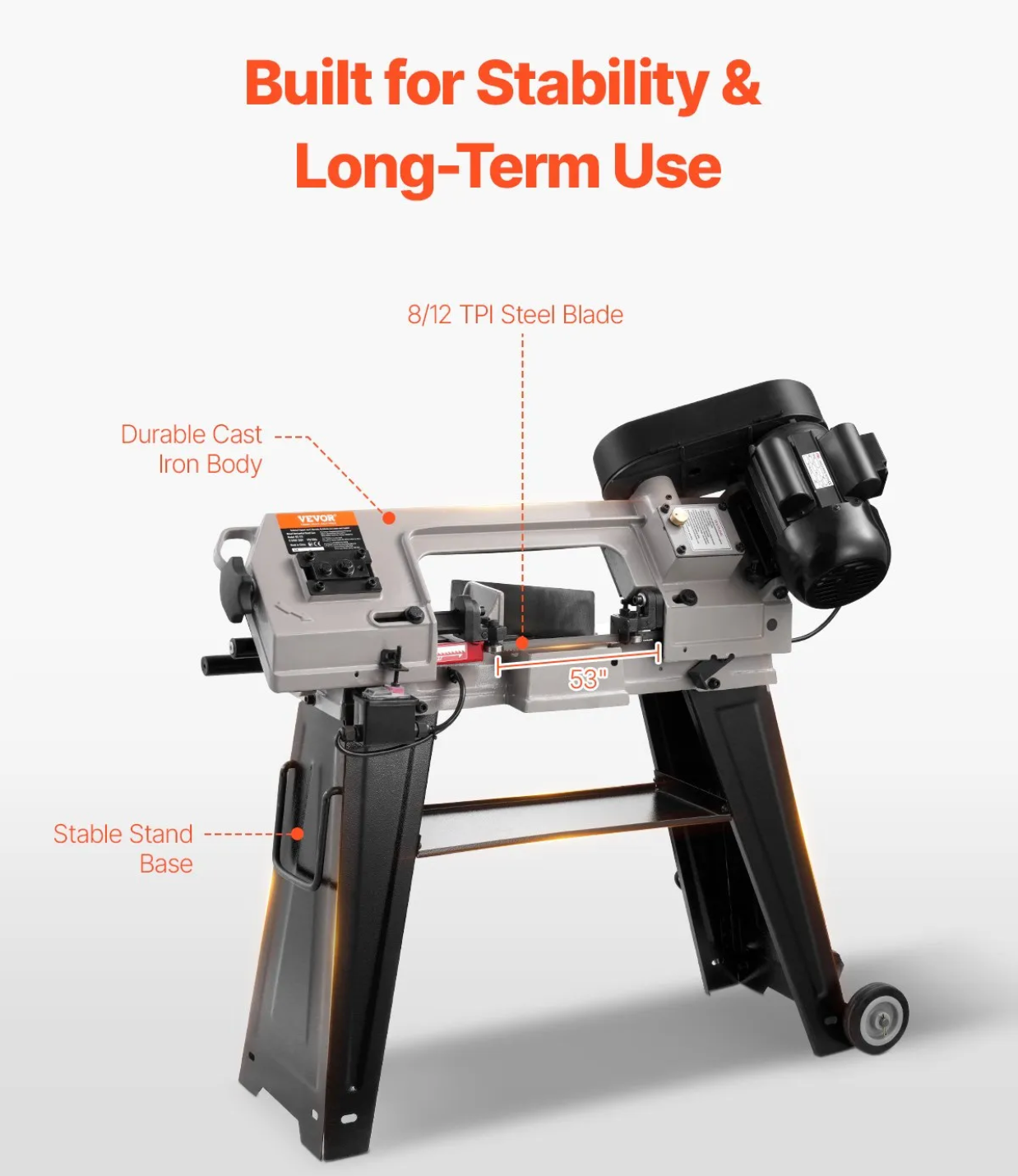 side view of industrial horizontal band saw used in machine shops and fabrication facilities