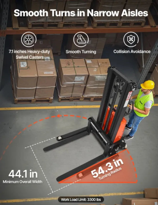 Professional-grade semi-electric pallet stacker improving warehouse productivity through efficient pallet lifting and storage.