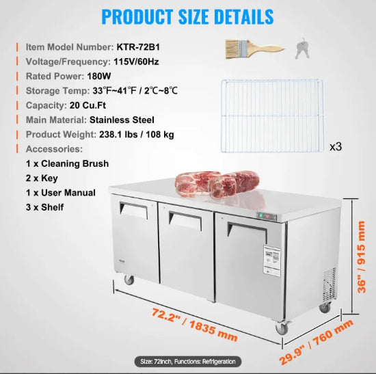 Product size details of a refrigeration unit with dimensions, features, and accessories listed.