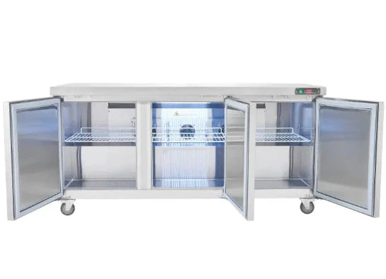 Commercial refrigerator with all doors open on a white background