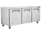 Stainless steel undercounter refrigerator with three doors on a white background
