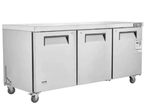 Stainless steel undercounter refrigerator with three doors on a white background