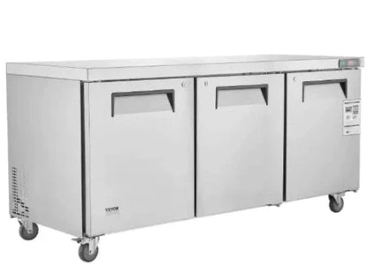 Stainless steel undercounter refrigerator with three doors on a white background