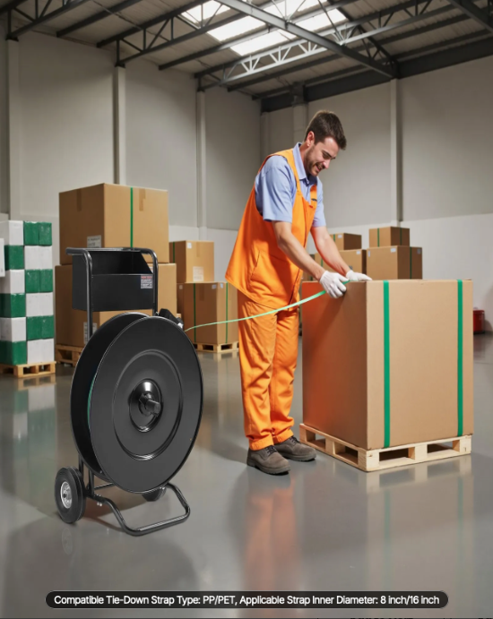 Professional banding cart designed for transporting strapping materials throughout a warehouse