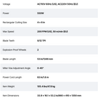 Technical specifications table for a power tool with voltage, power, cutting size, speed, and dimensions.