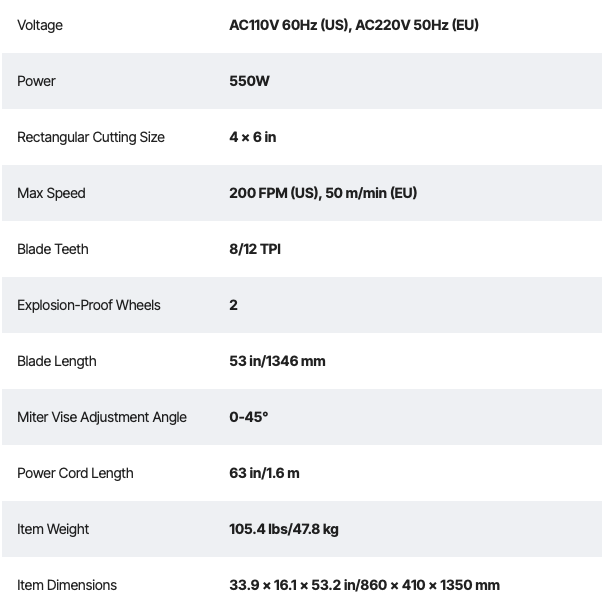 Technical specifications table for a power tool with voltage, power, cutting size, speed, and dimensions.
