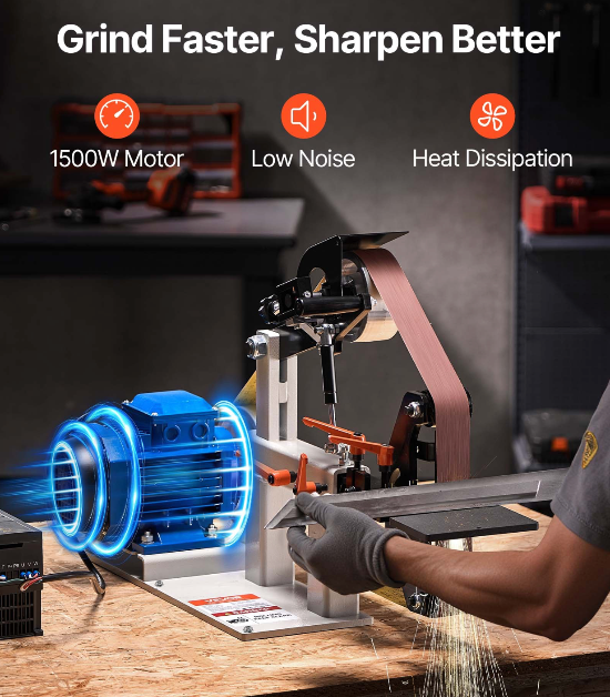 Industrial 2HP belt grinder used for knife making, bevel grinding, and blade shaping