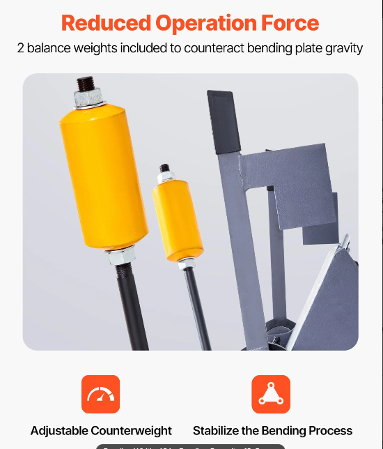 Industrial Brake Bender Metal Reduce Force Operation Bending tool with balance weights and text about reduced operation force on a gray background