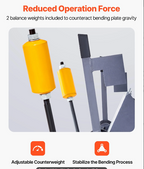 Industrial Brake Bender Metal Reduce Force Operation Bending tool with balance weights and text about reduced operation force on a gray background