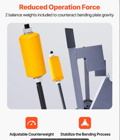 Industrial Brake Bender Metal Reduce Force Operation Bending tool with balance weights and text about reduced operation force on a gray background