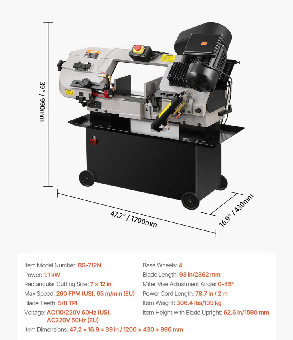 Bandsaw machine with dimensions and specifications on a white background