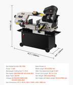 Bandsaw machine with dimensions and specifications on a white background
