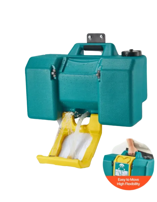 Portable emergency eyewash station used in a manufacturing facility to support workplace safety.