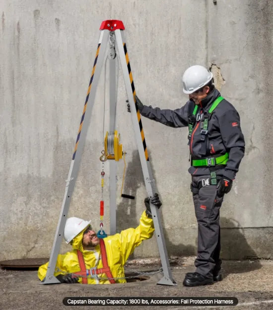 Safety harness connected to fall protection system in industrial work environment.
Image 3 Title: Roofing Safety Harness Protection