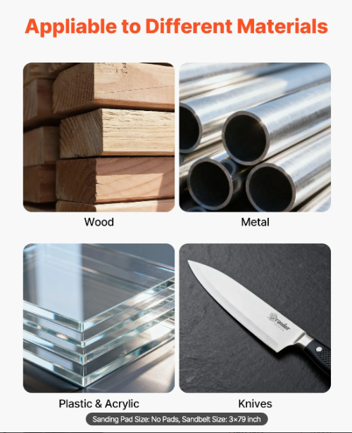 Images of wood, metal pipes, glass, and a knife with text 'Appliable to Different Materials'.