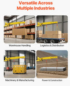 Forklift-mounted jib boom crane transporting large equipment and non-palletized loads inside a warehouse.