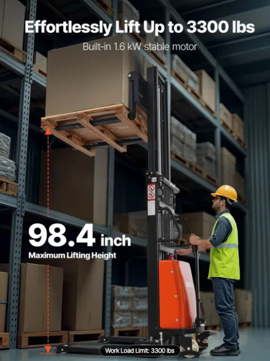 Semi-electric pallet stacker supporting material handling operations in a growing industrial warehouse.