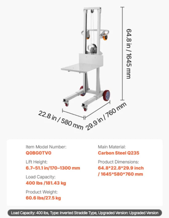 Compact lifting dolly used for safe transport and positioning of materials in industrial facility.