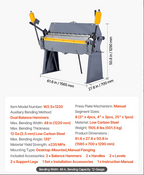 Industrial Metal Brake Bender Technical specifications of a metal bending machine with dimensions and features listed.
