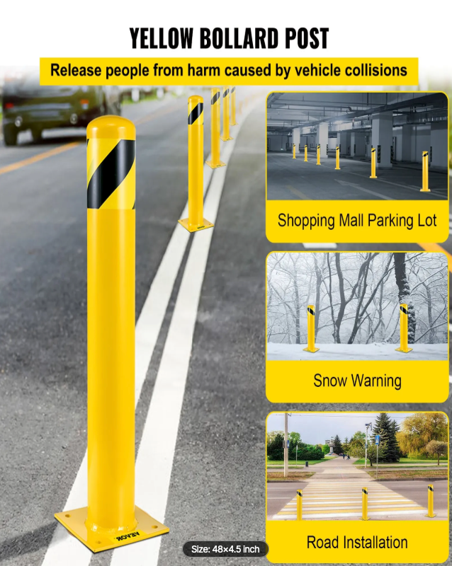 Yellow industrial safety bollard mounted on a concrete floor in a manufacturing facility for impact protection.