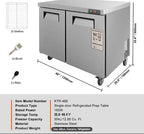 Stainless steel refrigerated prep table with dimensions and accessories on a white background