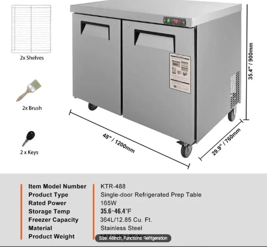 Stainless steel refrigerated prep table with dimensions and accessories on a white background