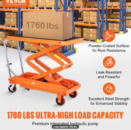 Hydraulic scissor lift table cart used for warehouse inventory handling and storage.