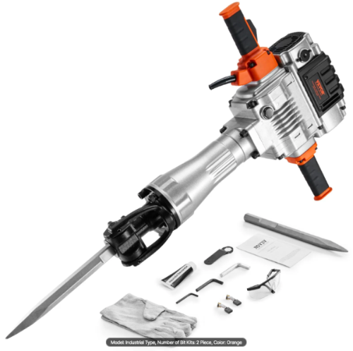 Electric demolition hammer kit with point chisel flat chisel and carrying case