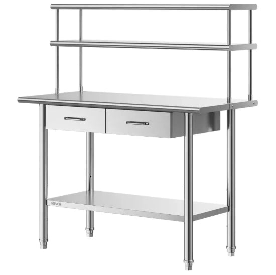 Commercial kitchen prep table with stainless steel work surface