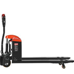Lithium-powered electric pallet jack transporting palletized inventory efficiently through a high-volume warehouse operation.
