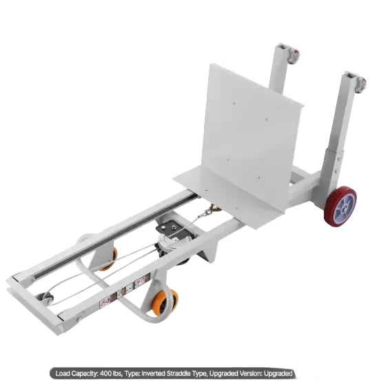 Close-up of hand truck winch mechanism used for controlled lifting and lowering of heavy loads.