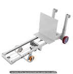 Close-up of hand truck winch mechanism used for controlled lifting and lowering of heavy loads.