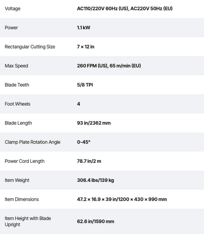 Technical specifications of a machine on a white background