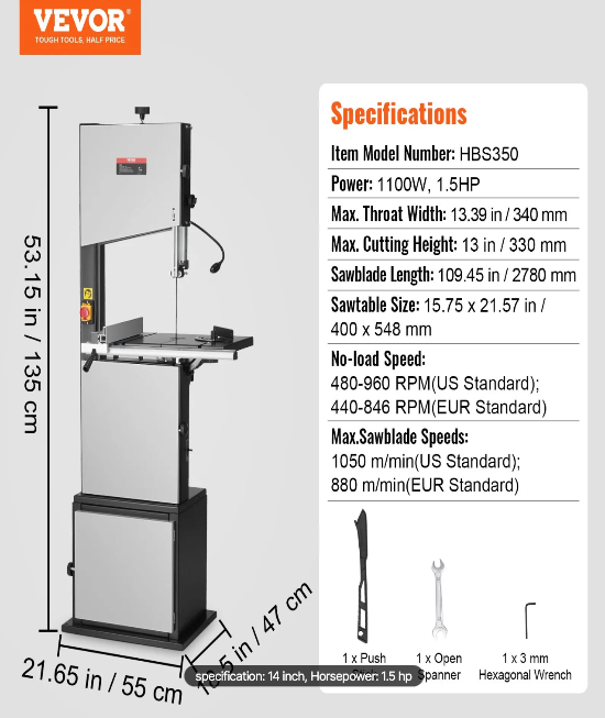 Benchtop metal bandsaw showing cutting capacity for tubing, angle iron, and bar stock