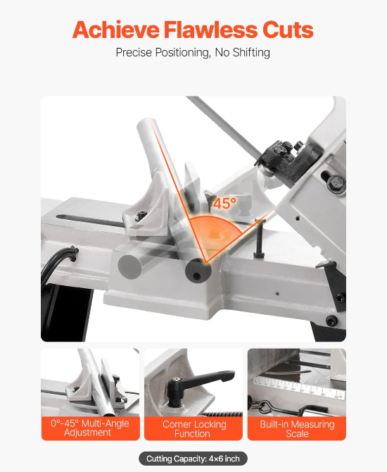 industrial band saw cutting rectangular steel tubing in fabrication shop environment