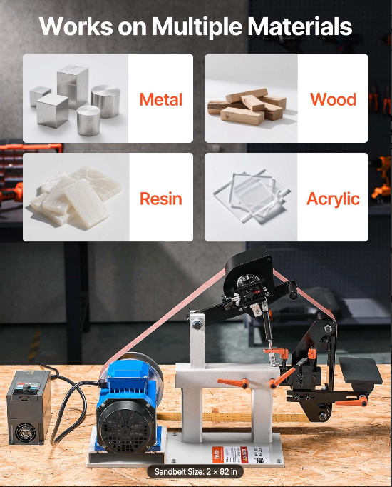 Professional belt grinder operating in a metal fabrication workshop environment