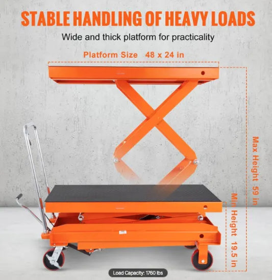 Industrial dollies hydraulic lift cart Orange lift table with specifications on a gray background