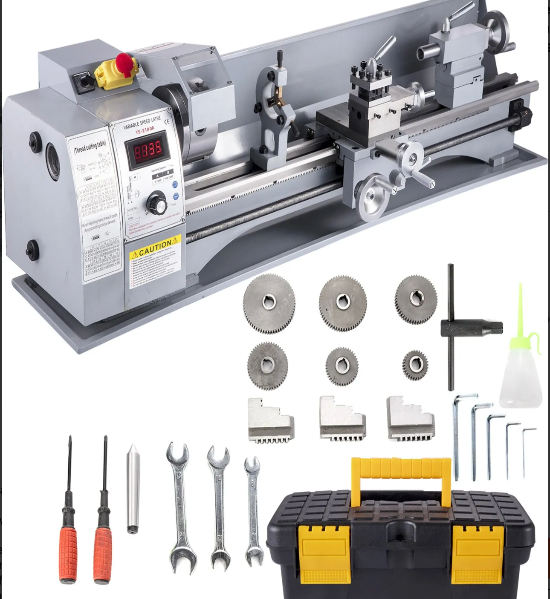 Metal lathe with accessories and tools.