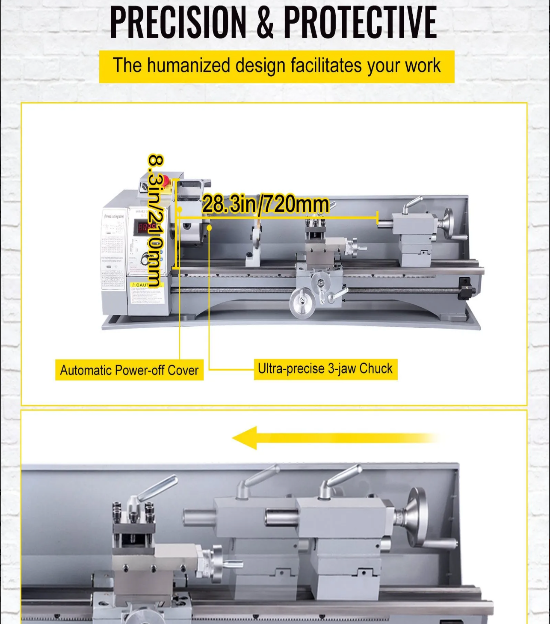 Metal lathe with labeled features 