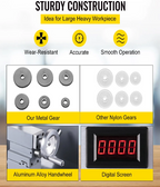 Comparison chart highlighting features of metal gears versus nylon gears with visual elements like gears, handwheel, and digital screen.