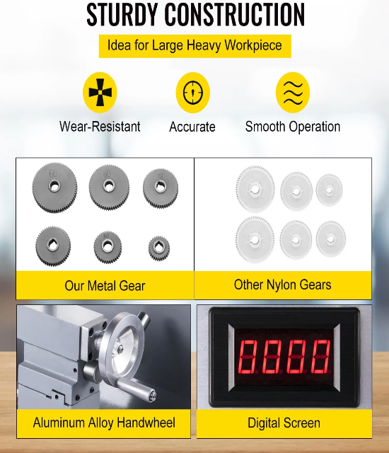 Comparison chart highlighting features of metal gears versus nylon gears with visual elements like gears, handwheel, and digital screen.