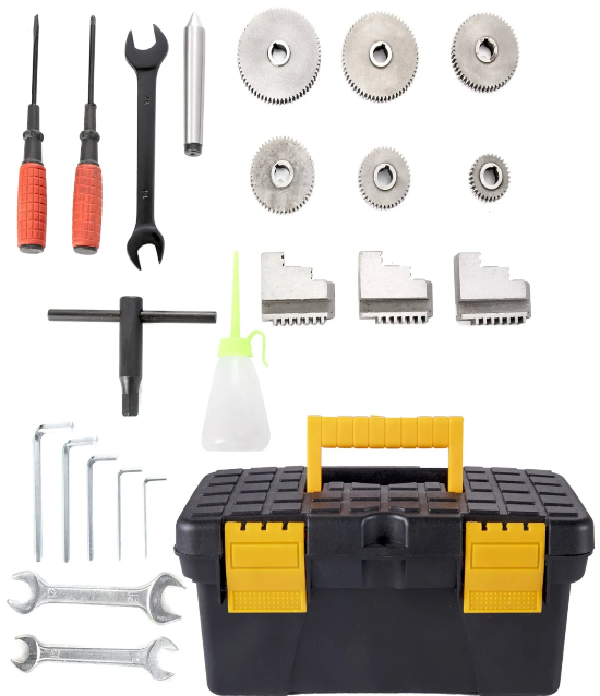 Metal Lathe collection of tools and accessories including a toolbox 