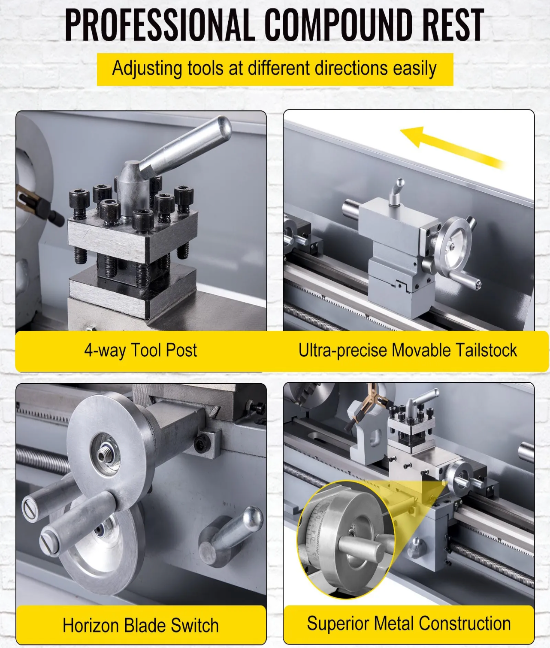 Professional compound rest with adjustable tool post, movable tailstock, blade switch, and metal construction.