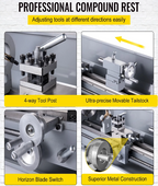 Professional compound rest with adjustable tool post, movable tailstock, blade switch, and metal construction.