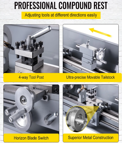 Professional compound rest with adjustable tool post, movable tailstock, blade switch, and metal construction.