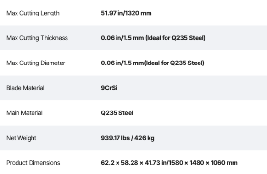 Metal Sheet Cutter Specs