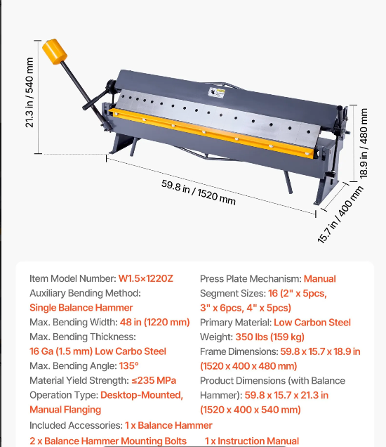 Metal Sheet Plate Bending Brake machine Sheet metal brake with dimensions and specifications.