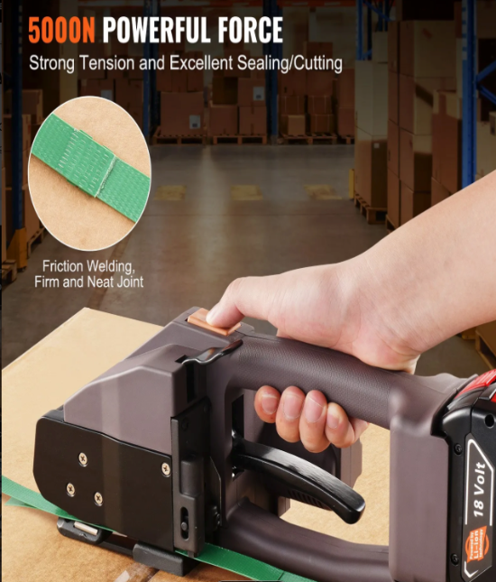 Portable banding machine securing pallet loads in shipping and logistics facilities